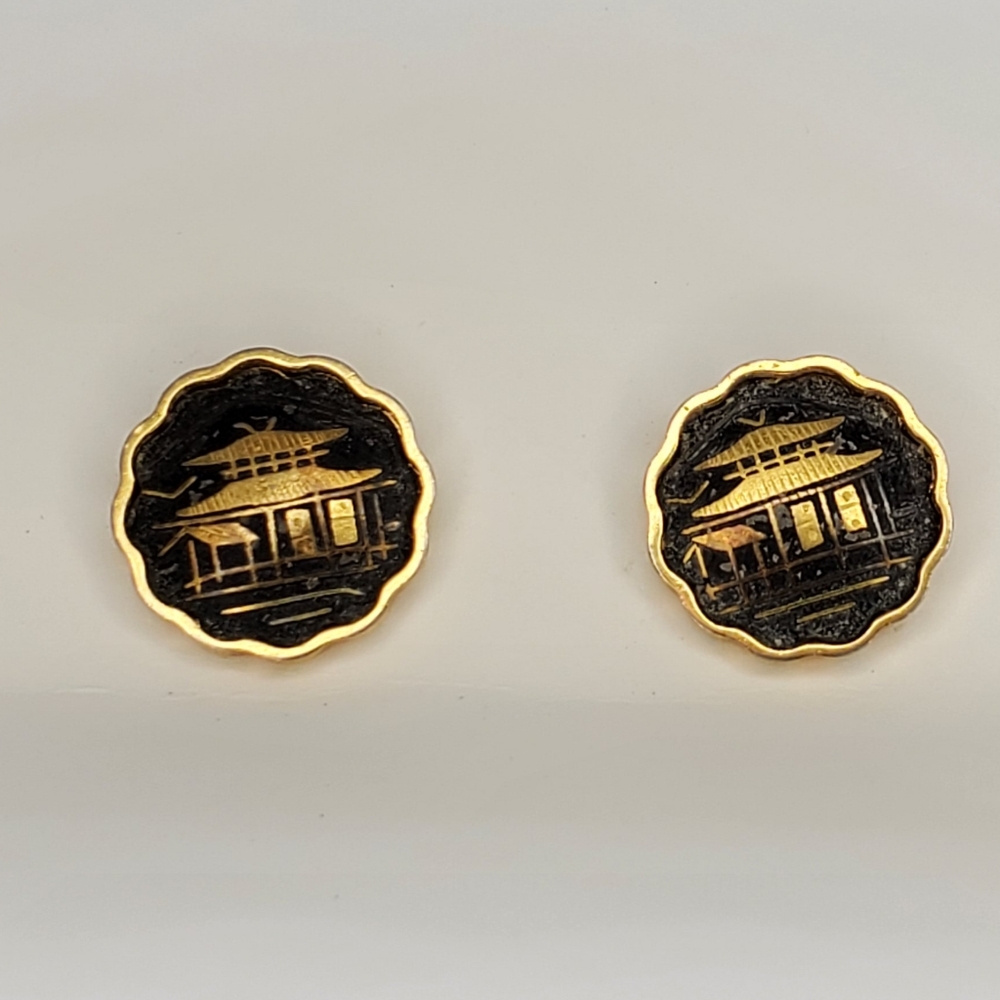 Vtg. Pagoda Landscape Scene Stud Earrings by ANITA